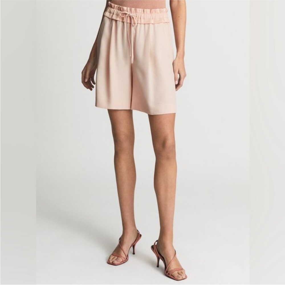 Reiss Reni ruffle pull-on high rise waist shorts pink 10